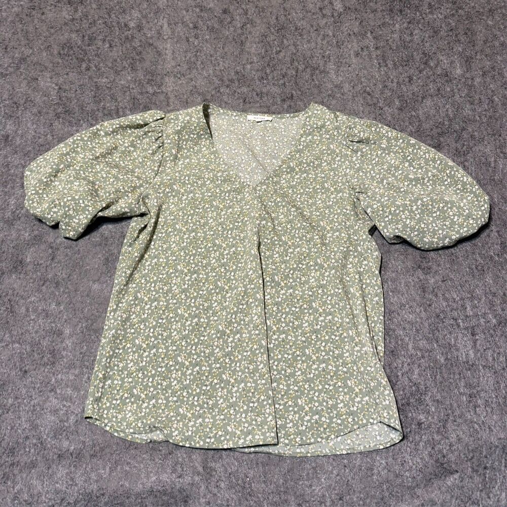 Pleione Womens Blouse Shirt Size XS Green Floral V-Neck Puff Sleeve